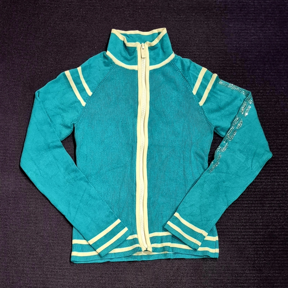 Bebe Sport Rhinestones Logo On Arm Turquoise/White Stripes Zip Up Sweater-Small.